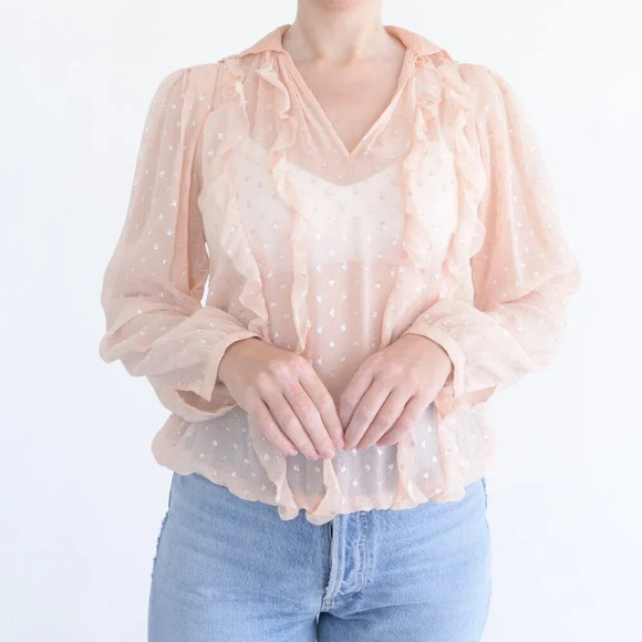 Rebecca Taylor Peach Silk Polka Dot Metallic Tie Neck Ruffle Long Sleeve Blouse2 - Picture 2 of 11